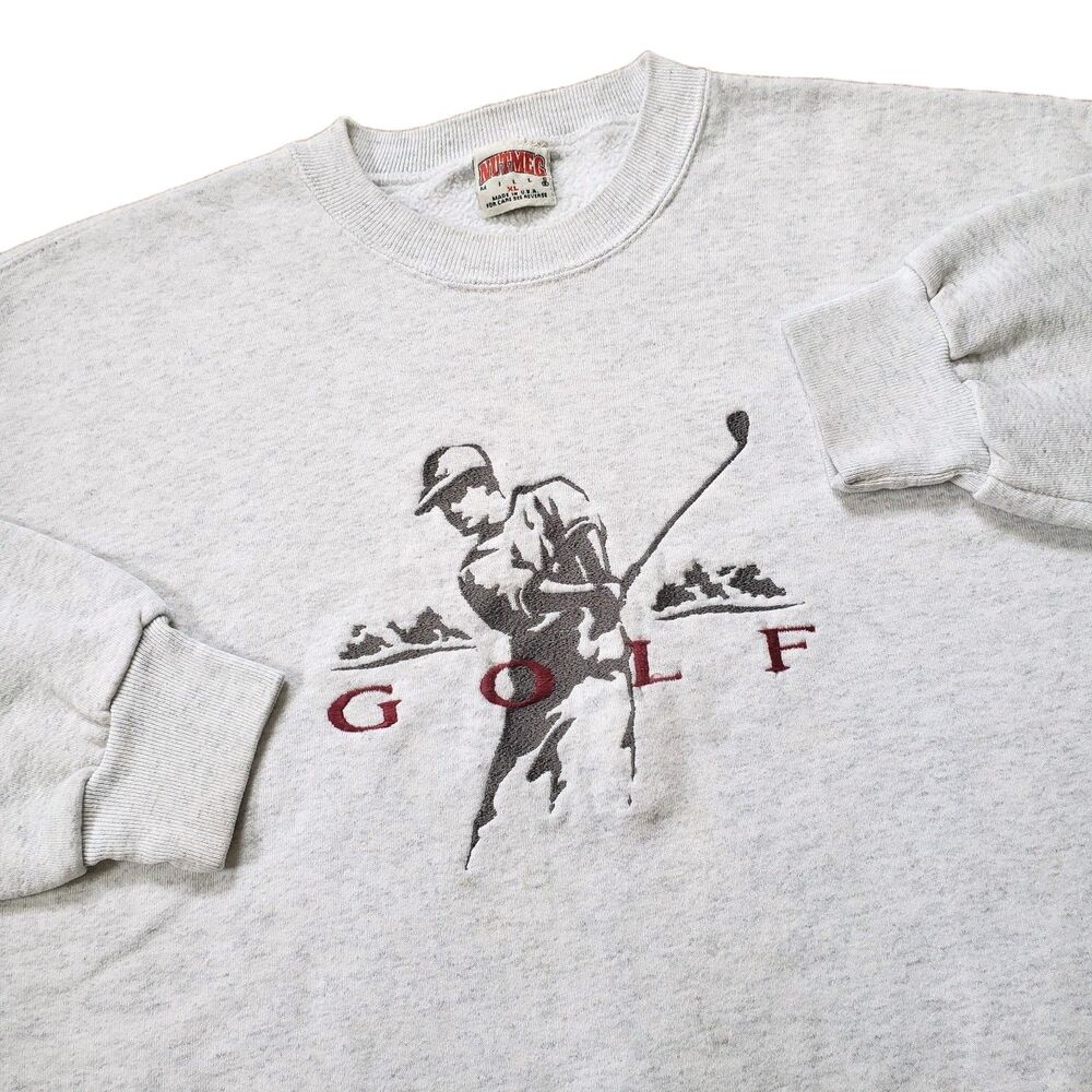 Vintage 90s Nutmeg Mills Golf Embroidered Sz XL Mens USA Made Gray Sweatshirt